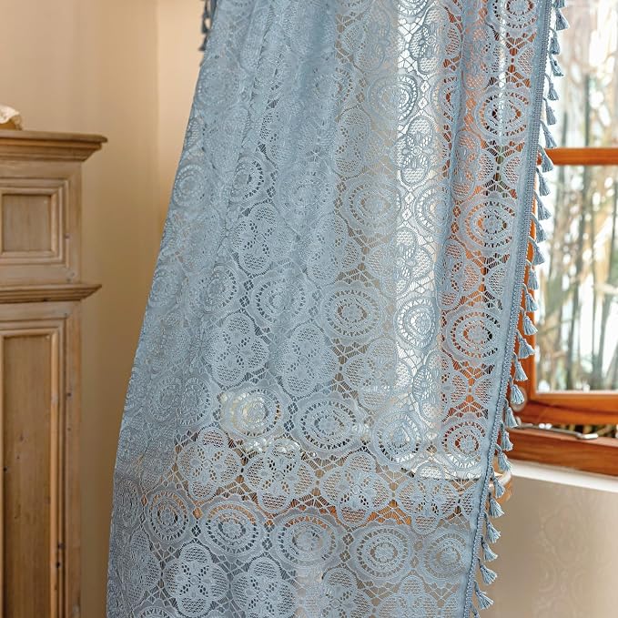 YJ YANJUN Boho Lace Curtains, 59x63 inch, Dusty Blue Sheer Window Panels | Soft - Image 5