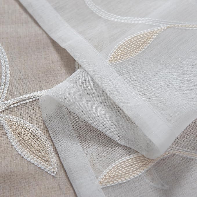 Kitchen Sheer Cafe Curtains Embroidered Leaves Beige 26Wx36L | Light Filtering - Image 5