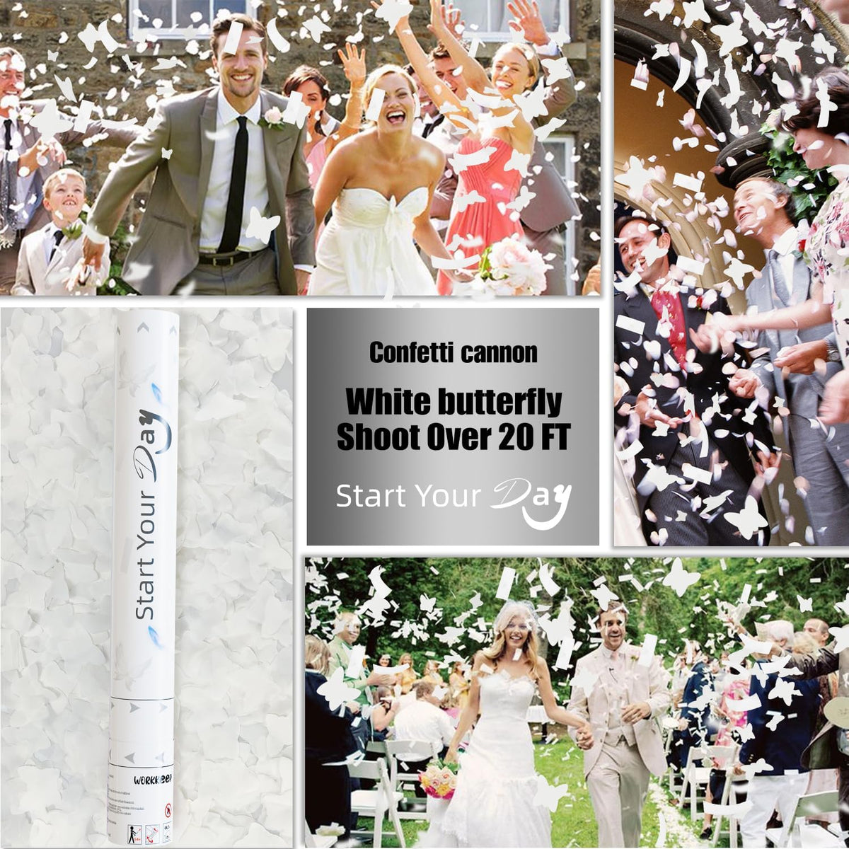 White Butterfly Confetti Poppers, 15 Inch Butterfly Party Poppers for Birthday, Wedding, Halloween Celebrations - Air Powered Confetti Gun
