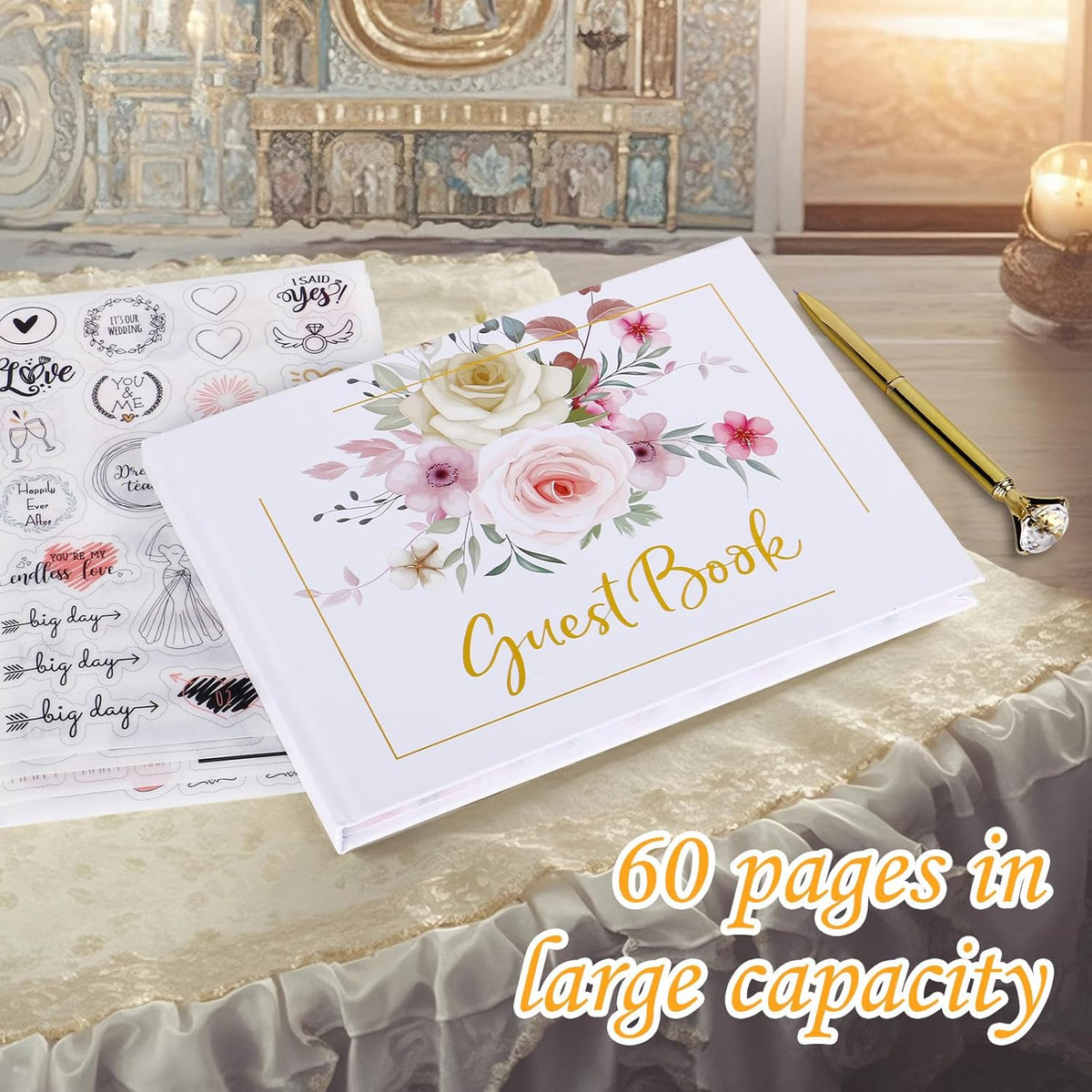 Wedding Guest Book,9x7''120 Page/60 Sheets Hardcover Personalized Wedding Guestbook Photo Album Sign in Book with Sign in Pen and Creative Stickers for Weddings,Baby Shower, Party Birthday,Graduation