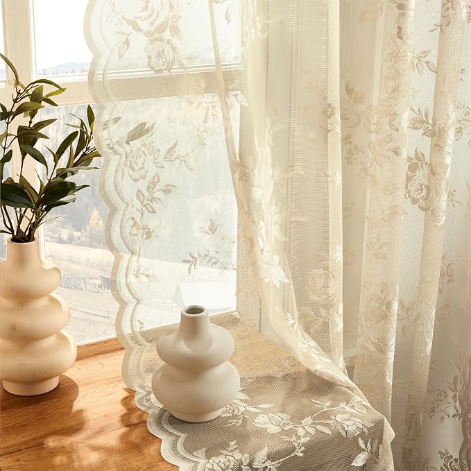 SEEKRIGHT Beige Lace Sheer Curtains 63 Inch Length Country Floral Curtains - Image 3