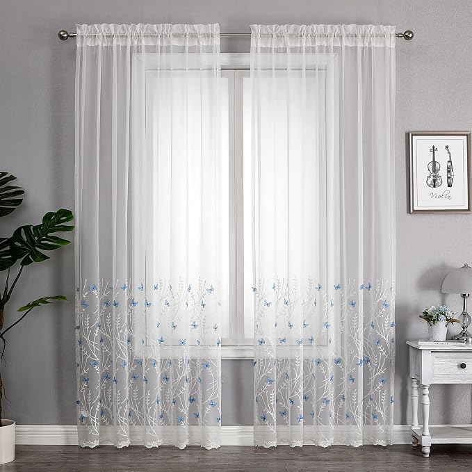 White Sheer Voile Curtains White Embossed Butterflies 84 Inches | Light - Image 2