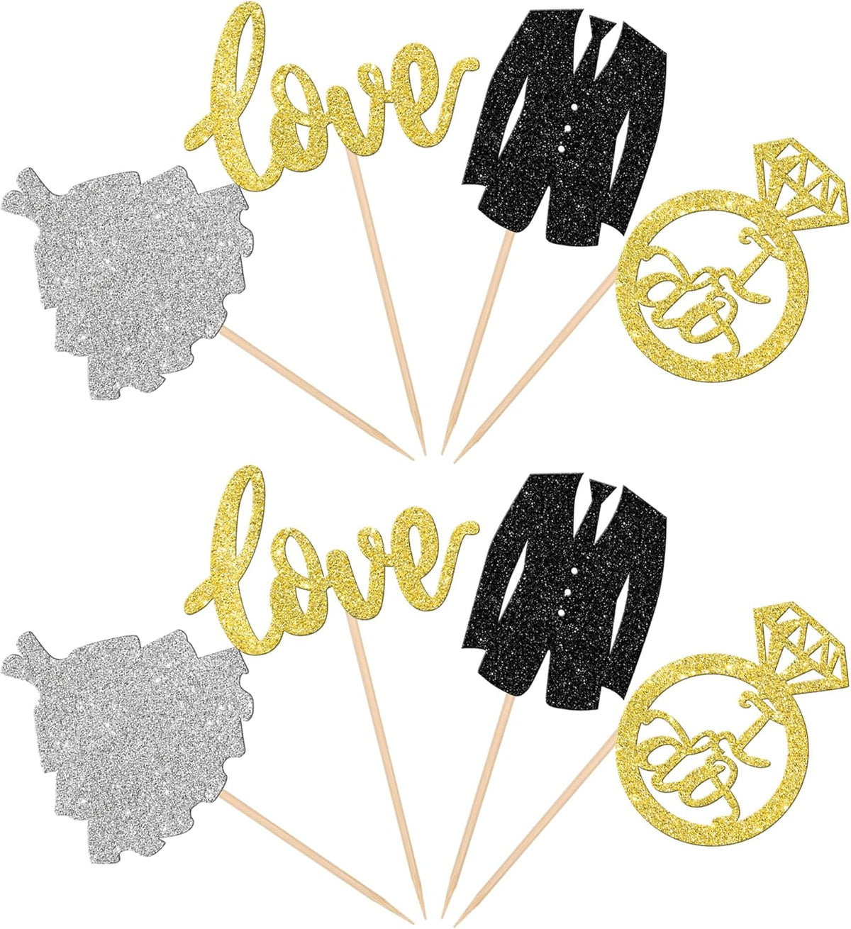 24 PCS Wedding Cupcake Toppers Glitter Bride and Groom Cupcake Picks Love I Do Ring Cupcake Decorations for Wedding Engagement Bridal Shower Theme Party Cake Decorations Supplies Gold