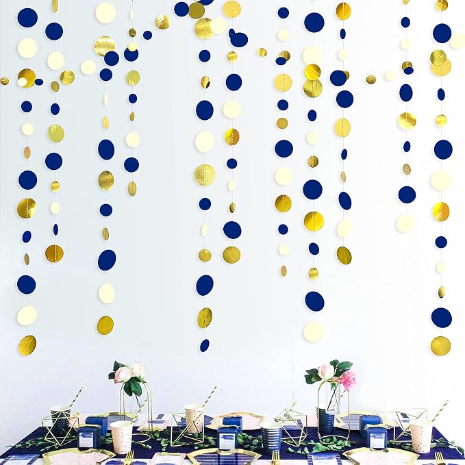 Navy Blue and Gold Circle Dots Garland Royal Blue Hanging Paper Polka Dot by pinkblume