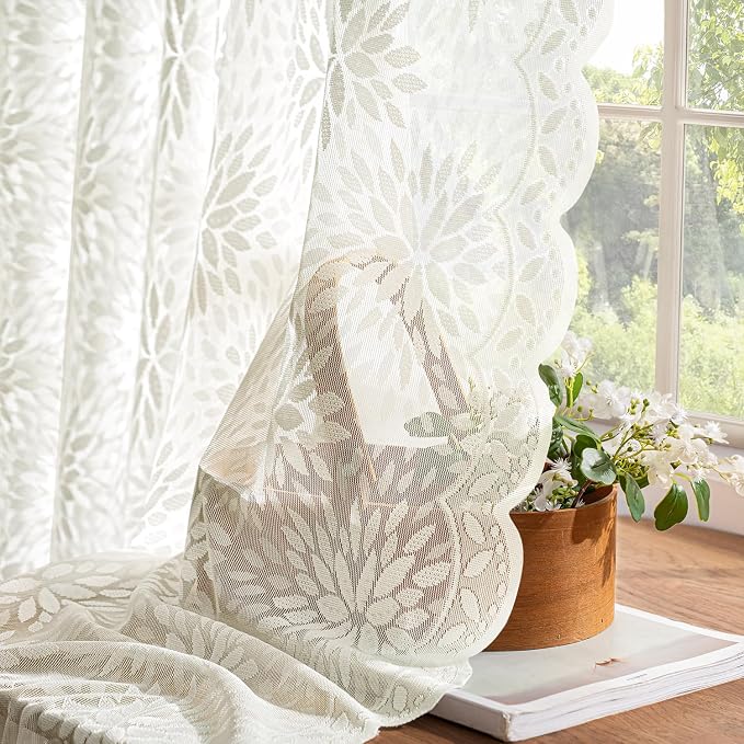 MIULEE Vintage Floral Scalloped Lace Curtains 2 Panels, Ivory 52" W x 36" L | - Image 4