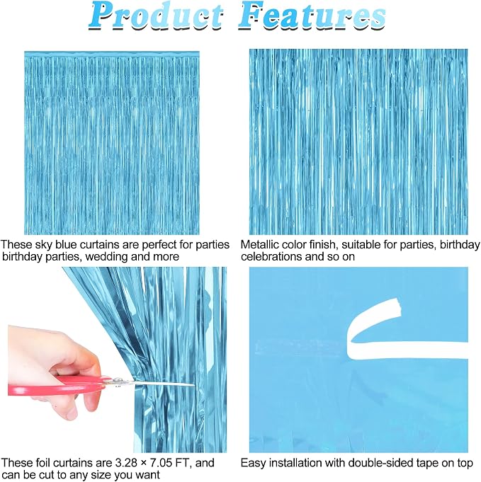 2 Pack Backdrop Curtains, 3.28 Feet x 7.05 Feet Sky Blue Foil Tinsel, Metallic - Image 4