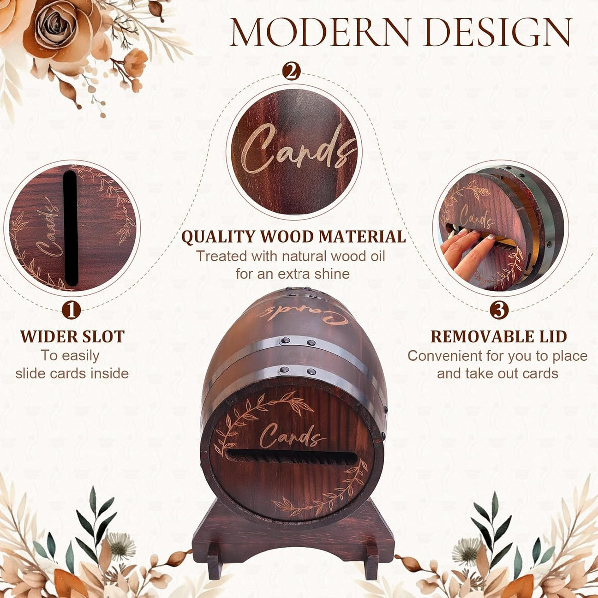 OurWarm Wooden Card Box for Wedding, Vintage Gift Card Box with Base, Whiskey Barrel Wedding Card Boxes for Reception Party Graduation Bridal Baby Shower Birthday Decoration