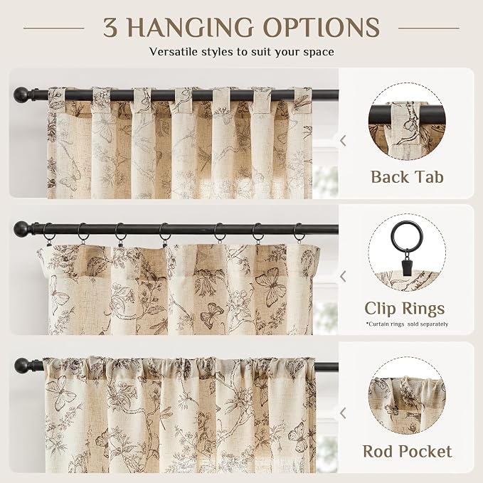 Taupe Floral Linen Curtains Farmhouse Rod Pocket 50W X 96L 2 Panels | Charlotte - Image 8