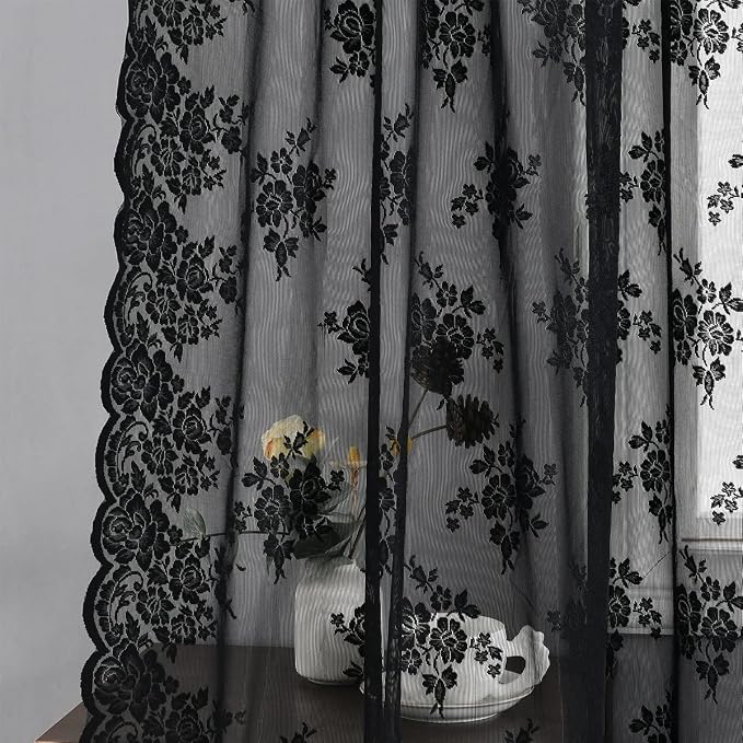 Kotile Black Floral Lace Curtains - Image 5