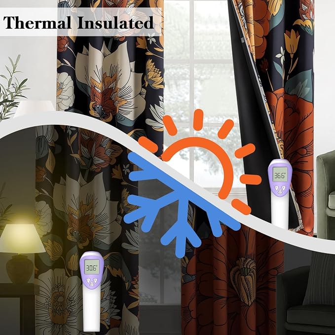 Tyrot Black Boho Floral 100% Blackout Curtains - Image 4