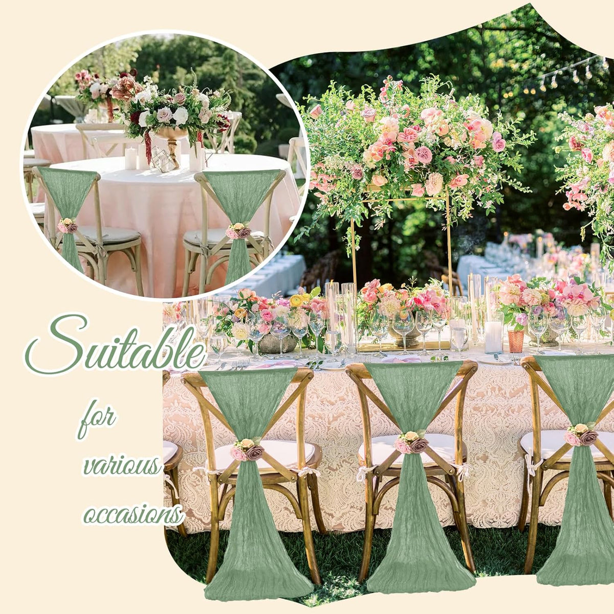 36 Pcs Sage Green Cheesecloth Chair Sashes, 16 x 108 inch Gauze Fabric Washable Chair Sashes Bows Designed for Aisle Decorations Universal Chair Cover Decor for Wedding Reception Party Banquet
