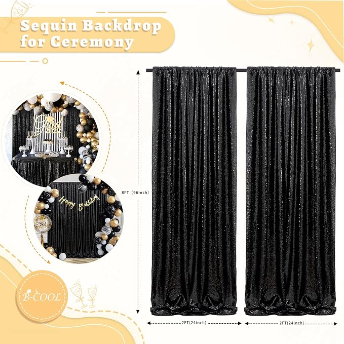 Black Sequin Backdrop Curtains Party Photo Glitter Drapes 2 Pcs 2FTx8FT | - Image 4