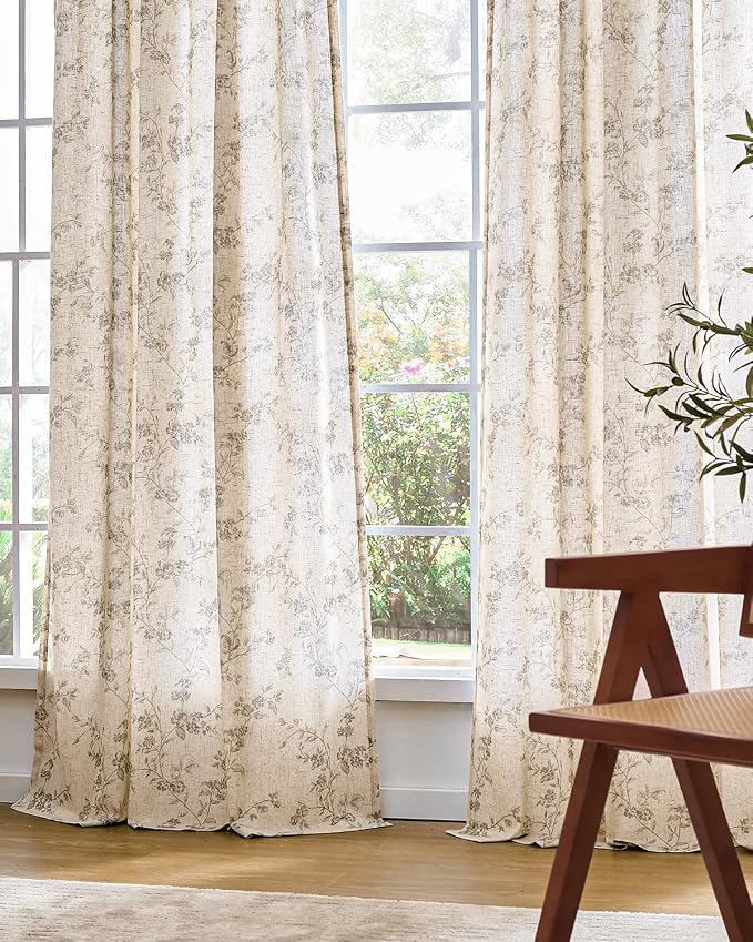 Extra Long Grey Vintage Floral Linen Curtains Farmhouse 2 Panels | Elisa Series - Image 8