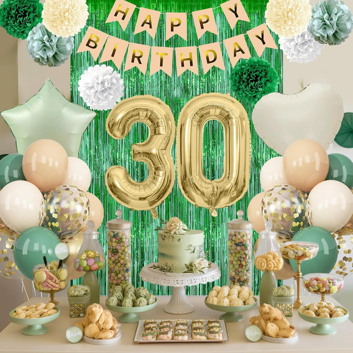 Sage Green 30th Birthday Decorations for Him Gold Number 30 Balloon Nude Gold Happy Birthday Banner Fringe Curtain Paper Pom Poms Olive Green Cream White Sand Star Foil Balloons Party Decor