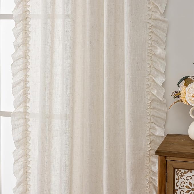 Natural Linen Curtains for Bedroom Boho Farmhouse 47 x 54 Inch, 2 Panels | Rod - Image 3