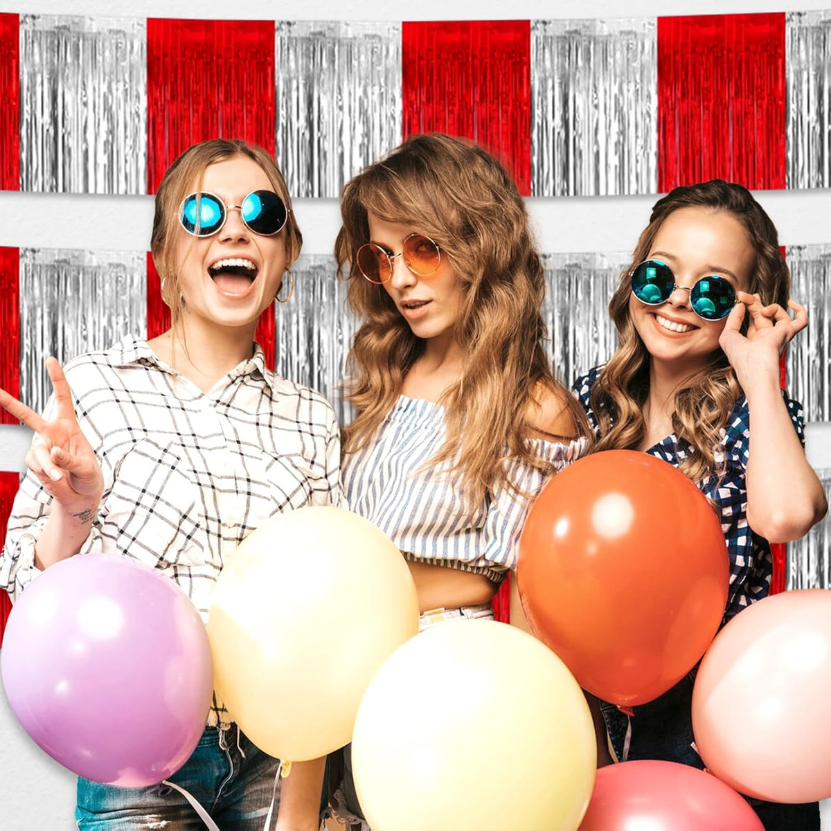 4 Pack 10 Feet Red Silver Foil Fringe Garland Metallic Tinsel Streamers Banner Wall Hanging Curtain Backdrop for Parade Floats, Wedding, Graduate, Mother's Day, Birthday Party Decoration