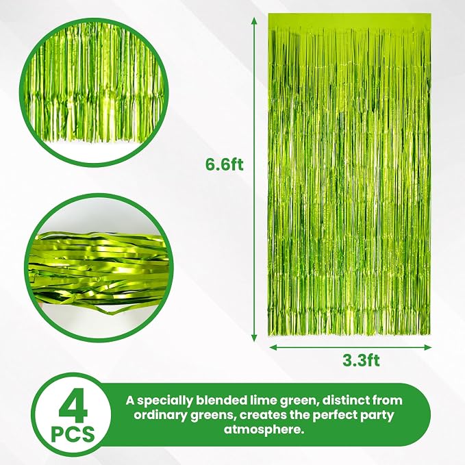 Matte Lime Green Tinsel Foil Curtains Backdrop Party Decorations | 4 PCS - Image 2