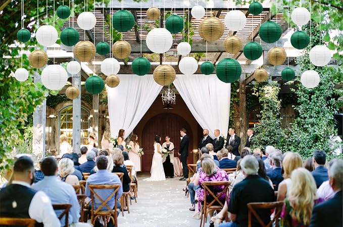 Green Gold Paper Lanterns Party Decorations, Round Hanging Lantern - Image 4