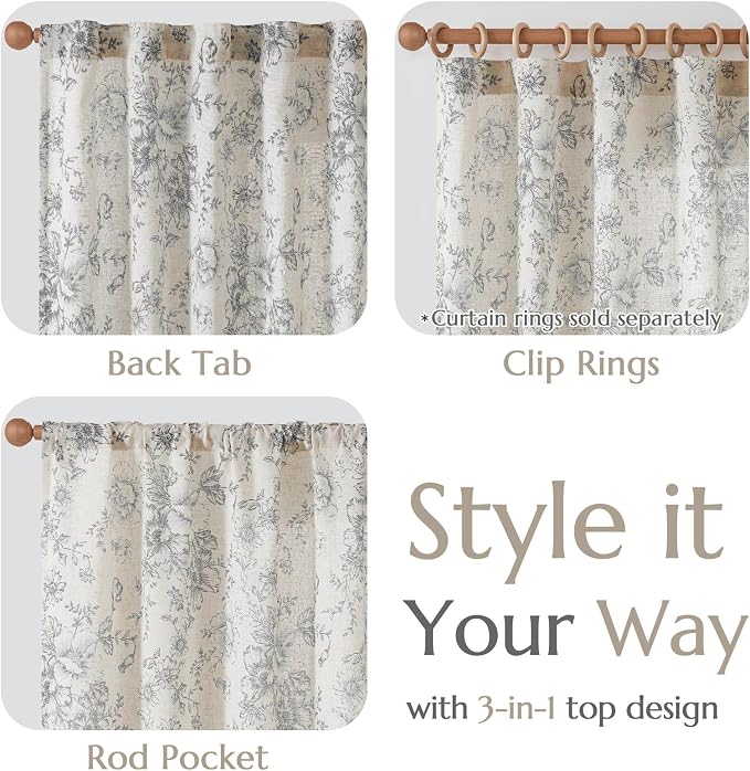 jinchan Grey Floral Linen Curtains 45 Inch Vintage Back Tab 2 Panels | Light - Image 5