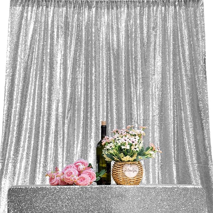 JYFLZQ Silver Sequin Backdrop Curtains 2ft x 8ft 2 Panel Glitter Photo Booth - Image 2