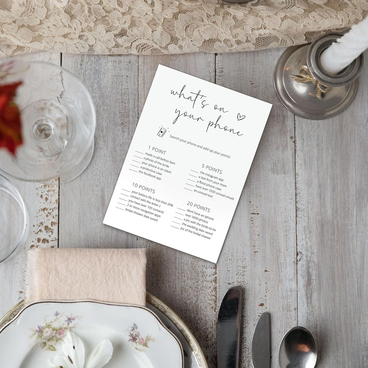 Bridal Shower Games, What's On Your Phone, 25Pcs Minimalist White Double-Sided Bridal Game Cards, Wedding Shower Games for Guests, Engagement Bachelorette Party Supplies - A17