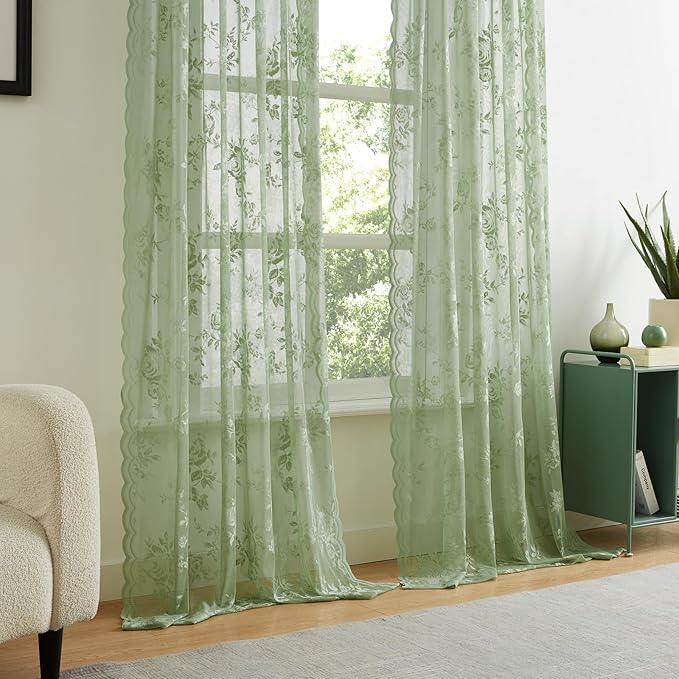 Sage Green Lace Curtains 102 Inches Long Spring Country Floral Sheer Curtains - Image 2