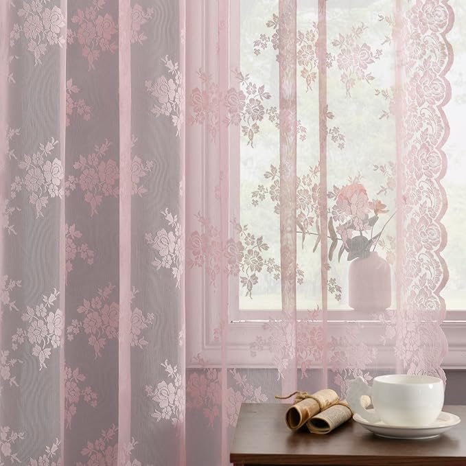 Kotile Pink Floral Lace Curtains - Image 4