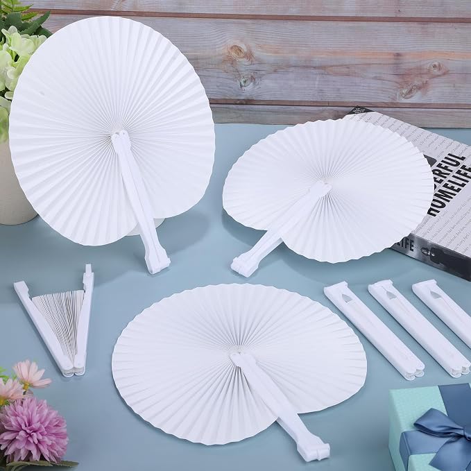 MCEAST 50 Pieces White Party Paper Fans Decorations Folding Fan Handheld Fan - Image 4