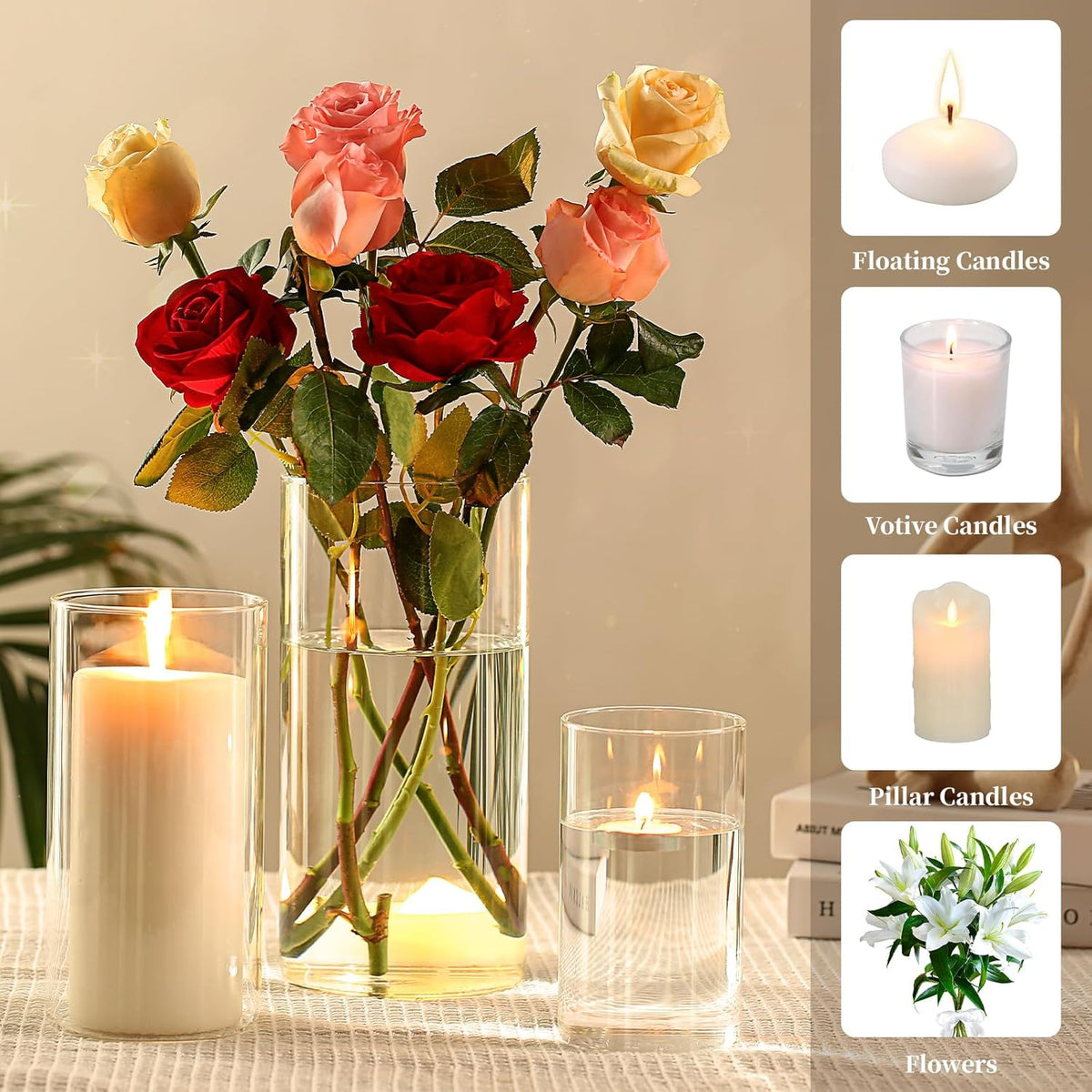 PHOSPHOR Hurricand Candle Holder 12 PCS, Glass Pillar Candle Holder, Clear Glass Cylinder Candleholder Glass Cylinder Vase for Centerpieces Wedding Party Decoration