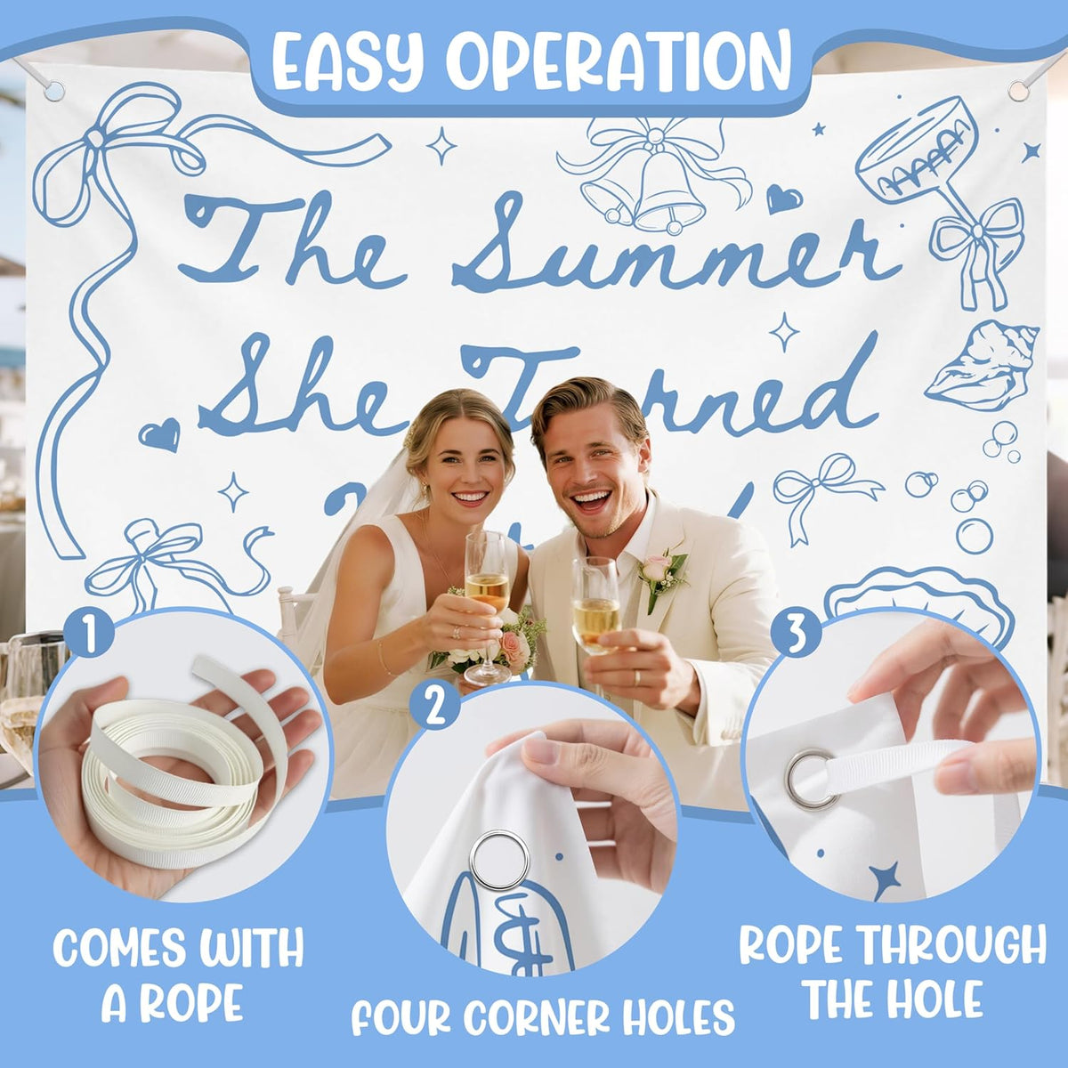 The Summer She Turned Married Backdrop - Beach Wedding Party Decorations - Bridal Shower Bachelorette Party Background Blue