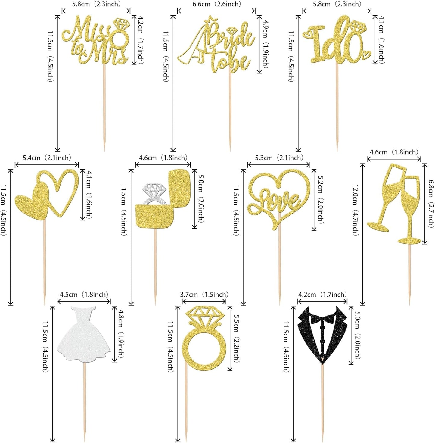30 PCS Bride to Be Cupcake Toppers Glitter Wedding Cupcake Toppers I Do Love Heart Ring Miss to Mrs Cupcake Picks for Bridal Shower Wedding Engagement Party Cake Decorations Supplies Gold