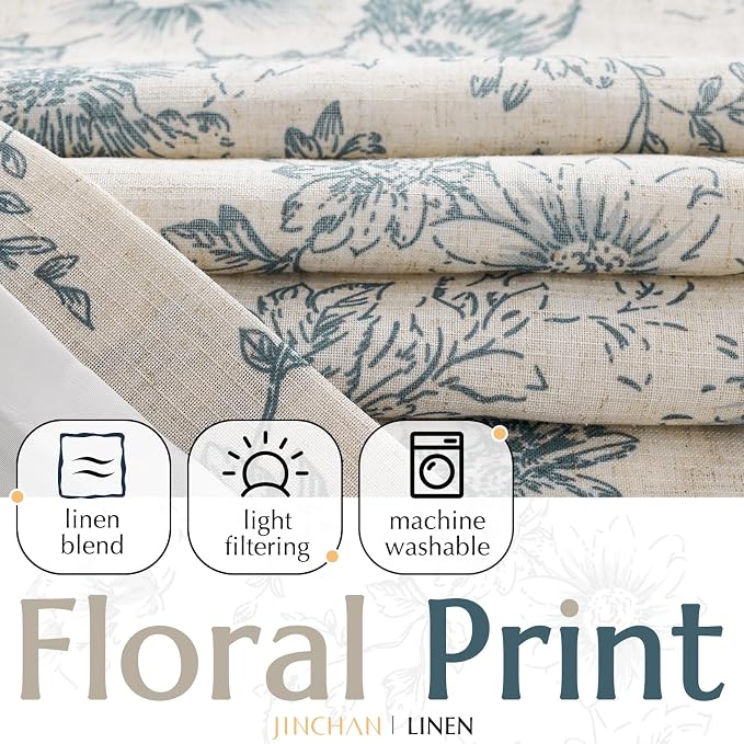 jinchan Blue Floral Linen Curtains Lined 63 Inch Vintage Back Tab 2 Panels | - Image 2