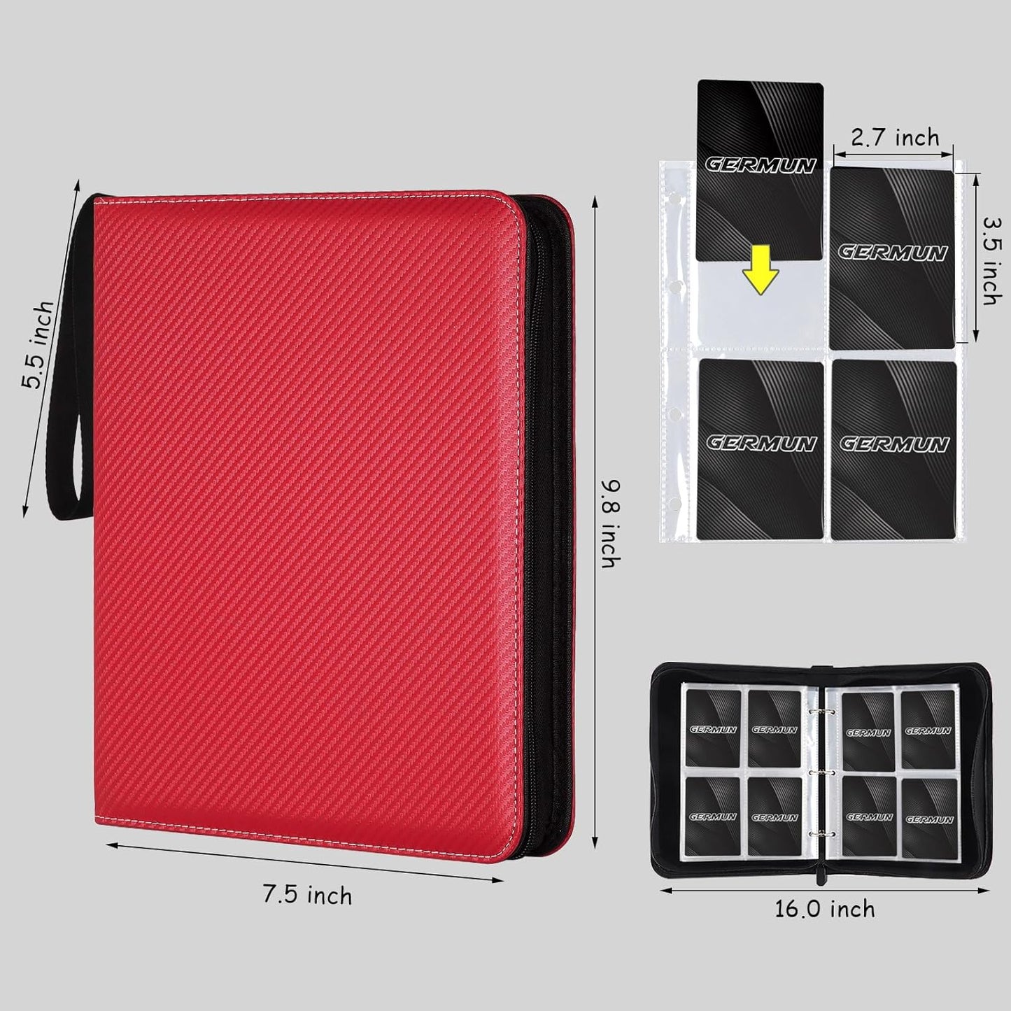 4 Pocket Card Binder, Premium Zip Trading Card Binder, 400 Double Sided Pocket PU Card Collection Binder, Collector Card Album, Card Folder for MTG, TCG, Sports Cards, Game Cards (Red)