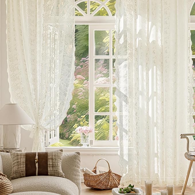 Anmao Vintage Lace Curtains 72 Inches Long 2 Panels Set, Romantic Elegant Light - Image 5