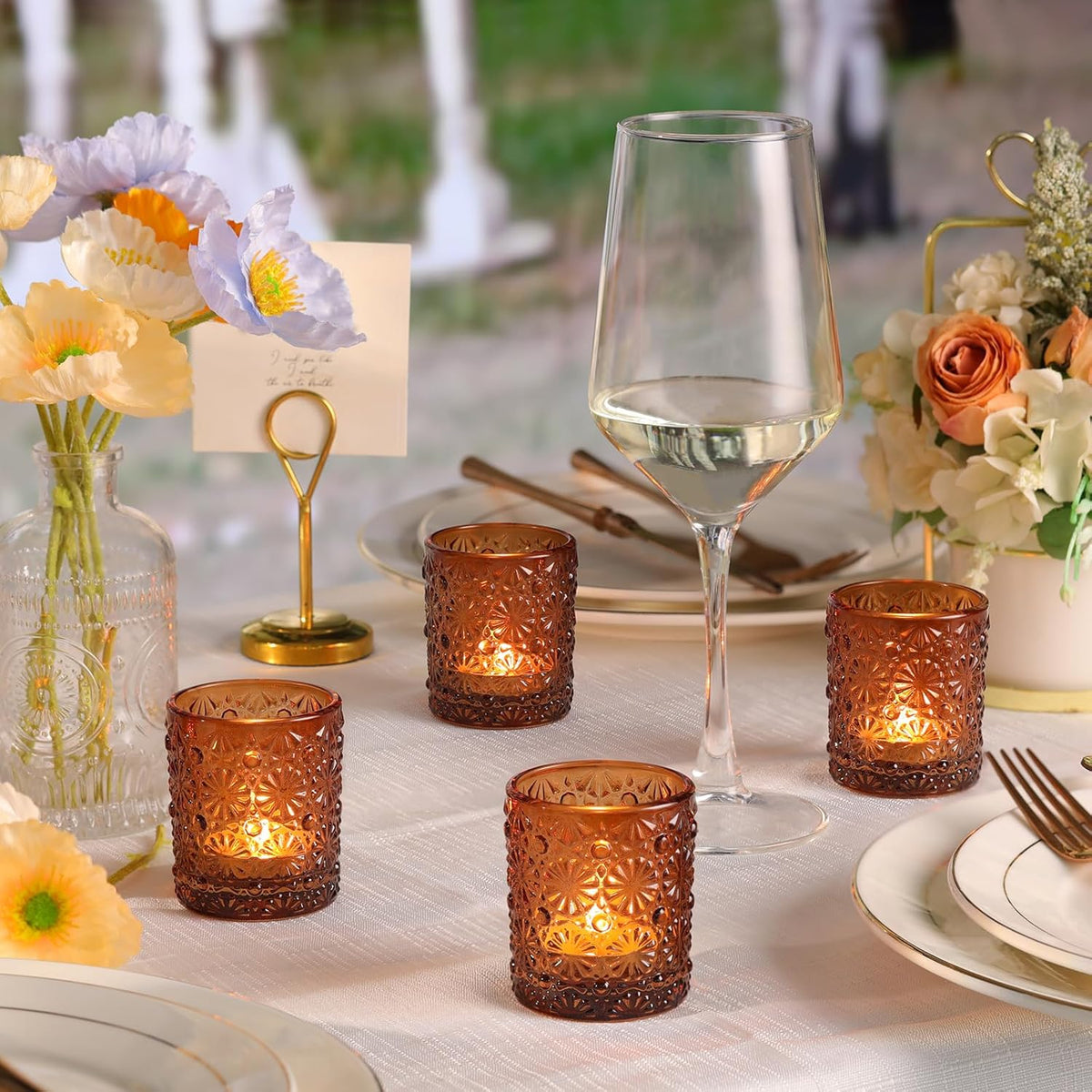Amber Votive Candle Holder Set of 36, Flower Tea Lights Candles Holders for Wedding Table Centerpieces, Birthday Parties, Anniversary, Bridal Shower and Holiday Decorations
