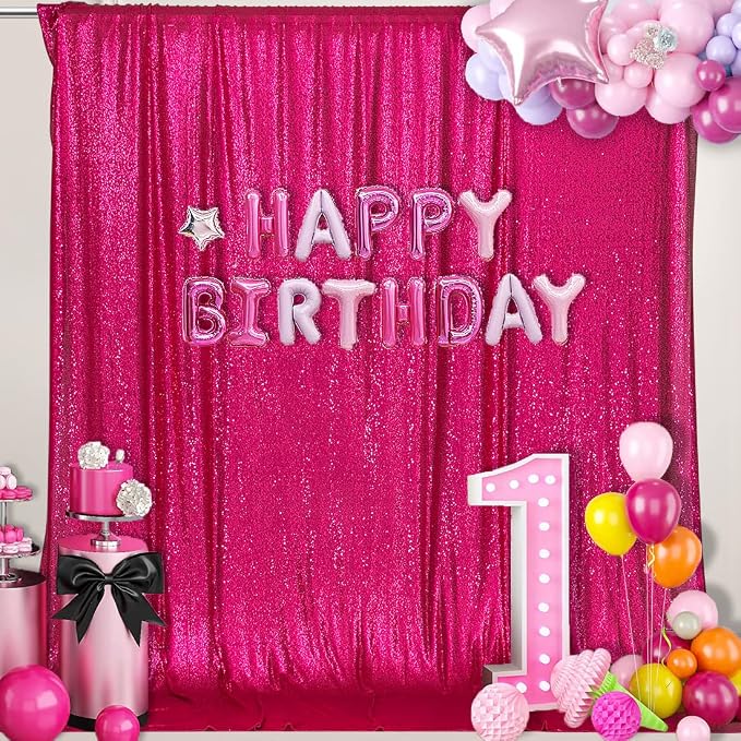 PartyDelight Hot Pink Sequin Backdrop 6x6ft Sparkly Photo Curtain | 4 Inch Rod - Image 2