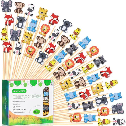 100Pcs Safari Animal Cocktail Picks Young Wild And One Two Three Decor | 5" by Crafterlife