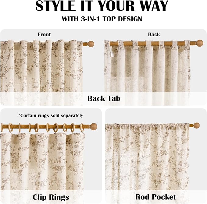 Extra Long Taupe Vintage Floral Linen Curtains Farmhouse 2 Panels | Elisa Series - Image 5