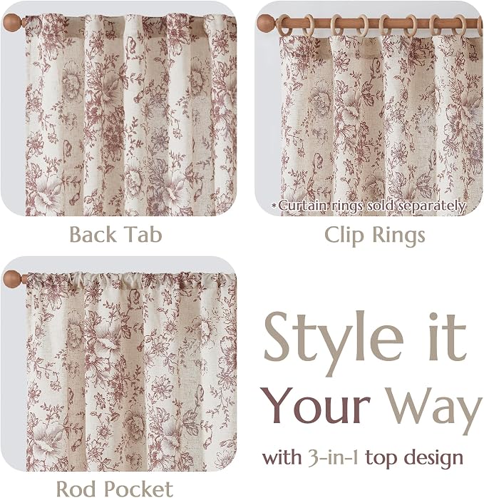 jinchan Red Floral Linen Curtains 108 Inch Farmhouse Back Tab 2 Panels | Light - Image 3