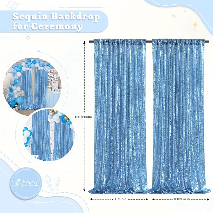 Baby Blue Sequin Backdrop Curtains 4 Pcs 2ftx8ft Glitter Shimmer Fabric | - Image 4