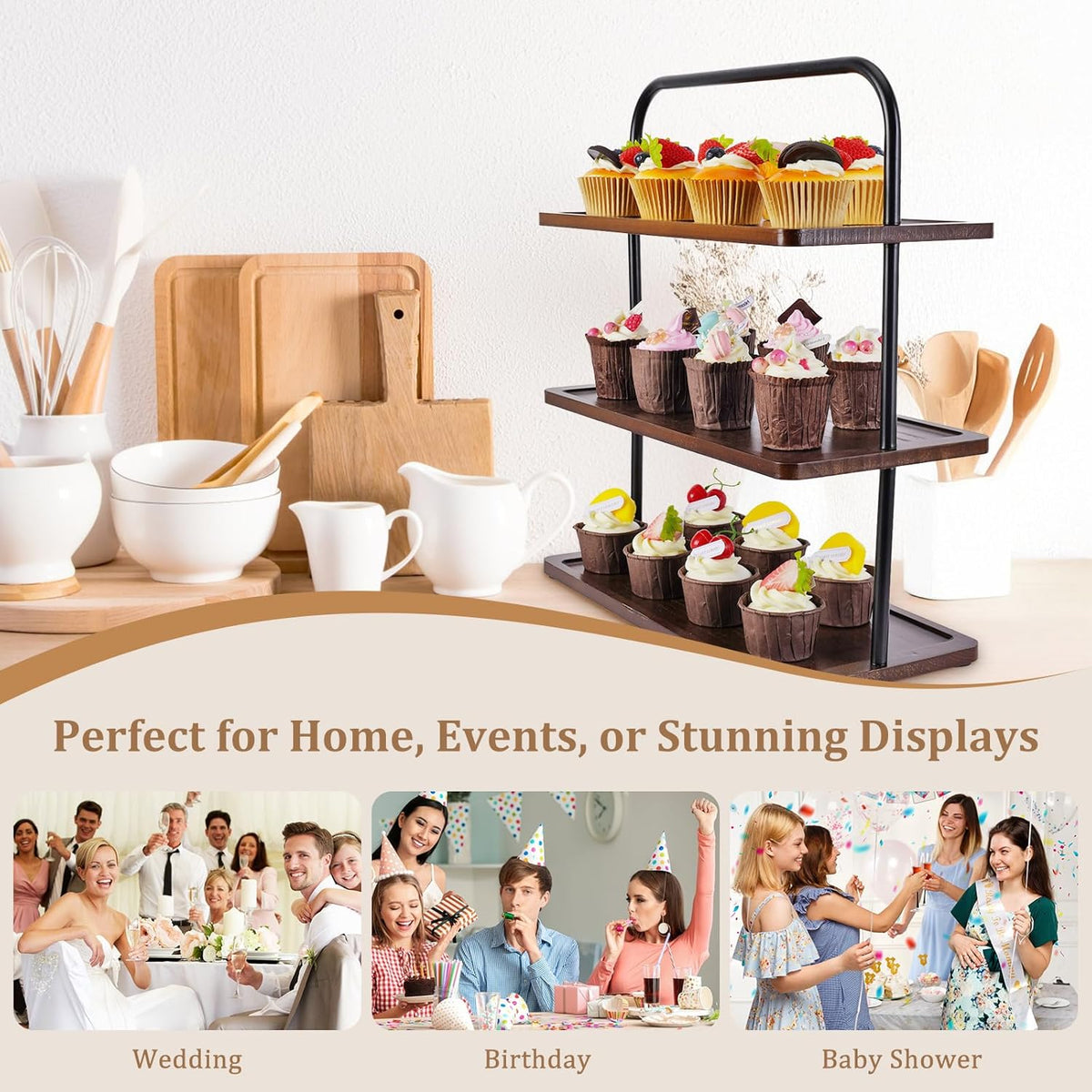 Solid Hardwood Cupcake Stand (Not Medium Density Fiberboard/Plywood), Raised Edges for 50 Cupcakes, 3 Tier Wooden Dessert Holder for Party, Woodsy Rustic Tower for Decor/Wedding/Birthday