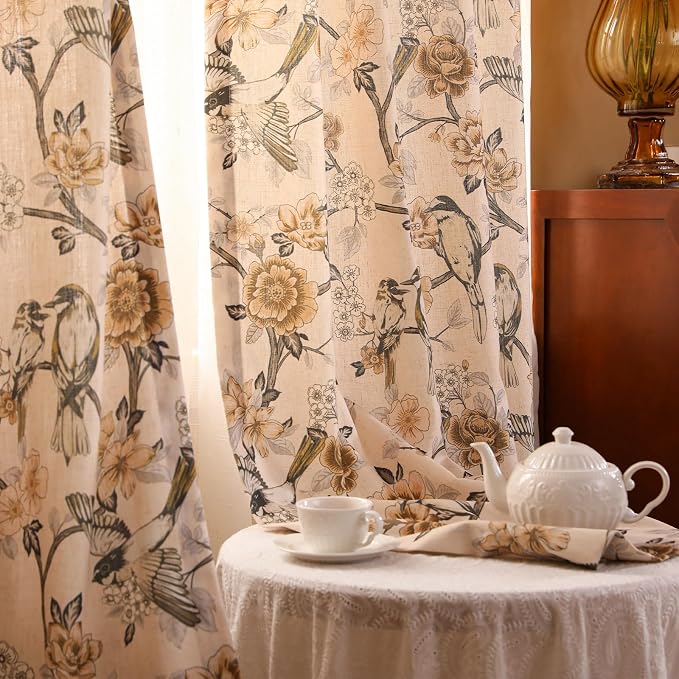 Designer French Linen Printed Curtains, 2 Panels, Bird and Flowers Pattern Draps - Image 9