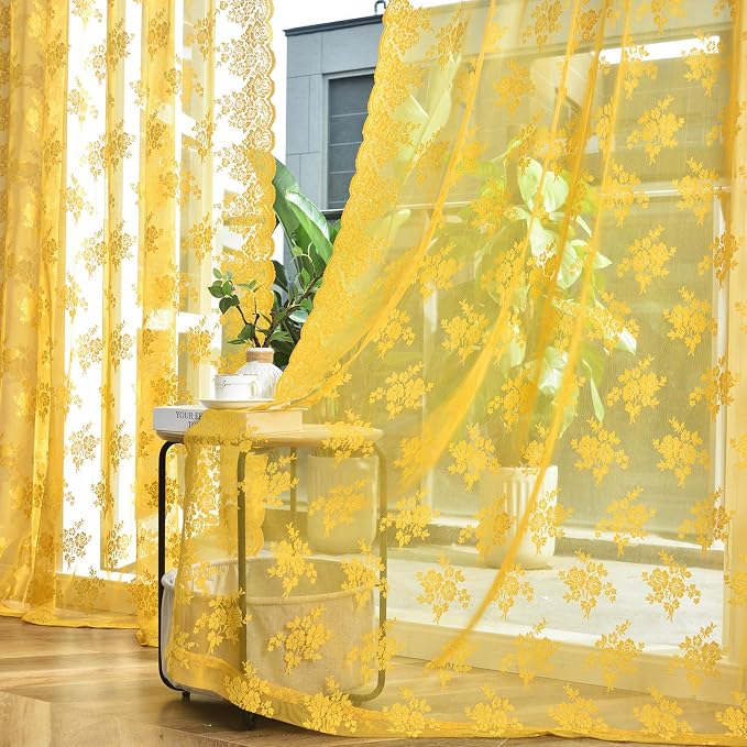 Kotile Mustard Yellow Sheer Lace Curtains - Image 5