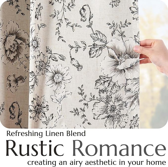 jinchan Black Floral Linen Blackout Curtains 72 Inch Back Tab 2 Panels | - Image 4