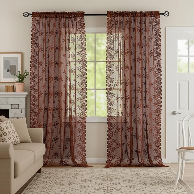 Kotile Warm Brown Sheer Lace Curtains by Kotile+Curtains