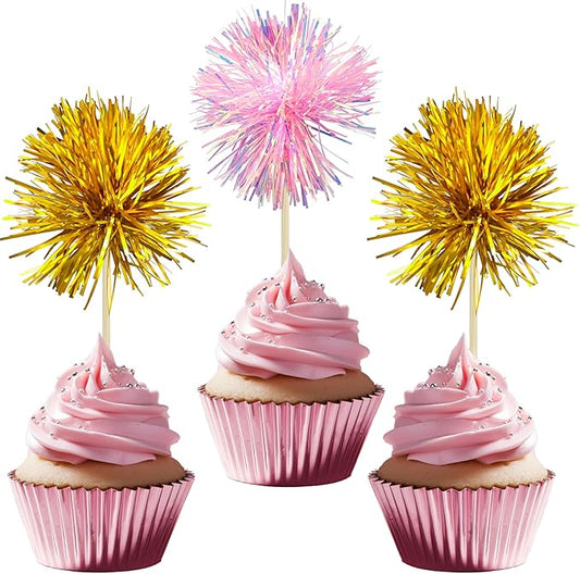 Gyufise 30Pcs Foil Firework Cupcake Toppers Sparkle Tinsel Cake Toppers Tinsel by Gyufise