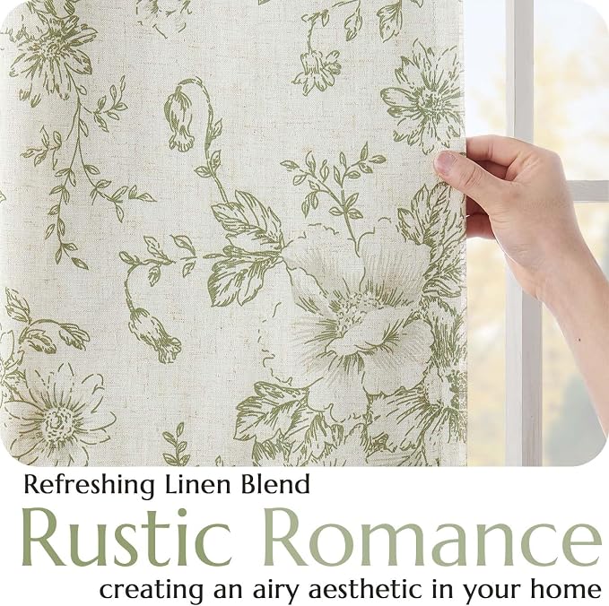 jinchan Green Floral Linen Blackout Curtains 84 Inch Back Tab 2 Panels | - Image 5