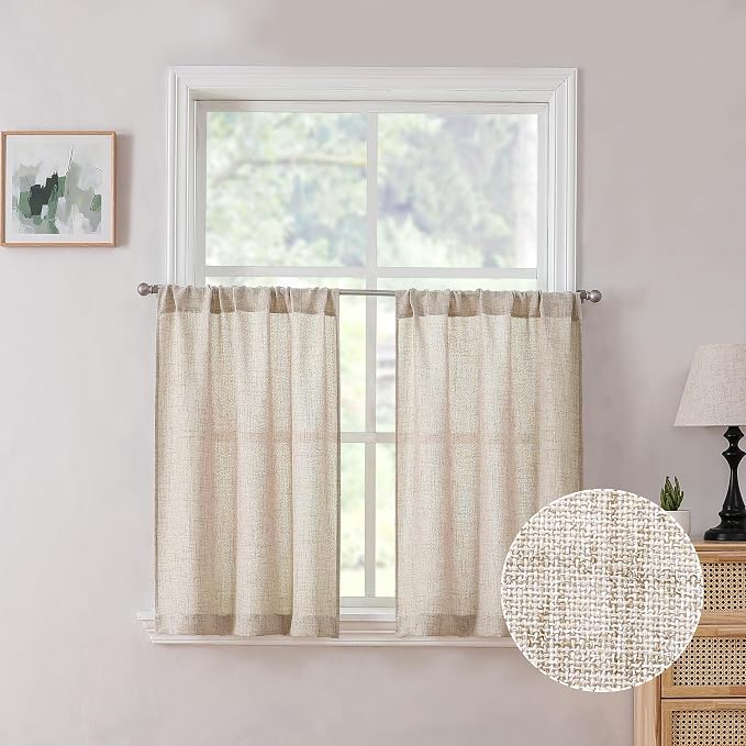 Tollpiz Linen Tier Curtain Rod Pocket Semi Sheer Half Kitchen Curtains Burlap by Tollpiz