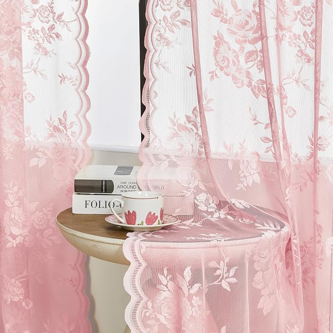 Light Pink Lace Curtains 63 Inch Length 2 Panels set Romantic Flower Sheer - Image 3