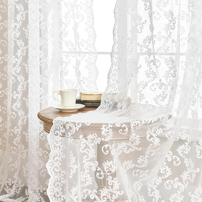 White Lace Curtains 102 Inches Long 2 Panels Paisley Floral Sheer Curtains - Image 3